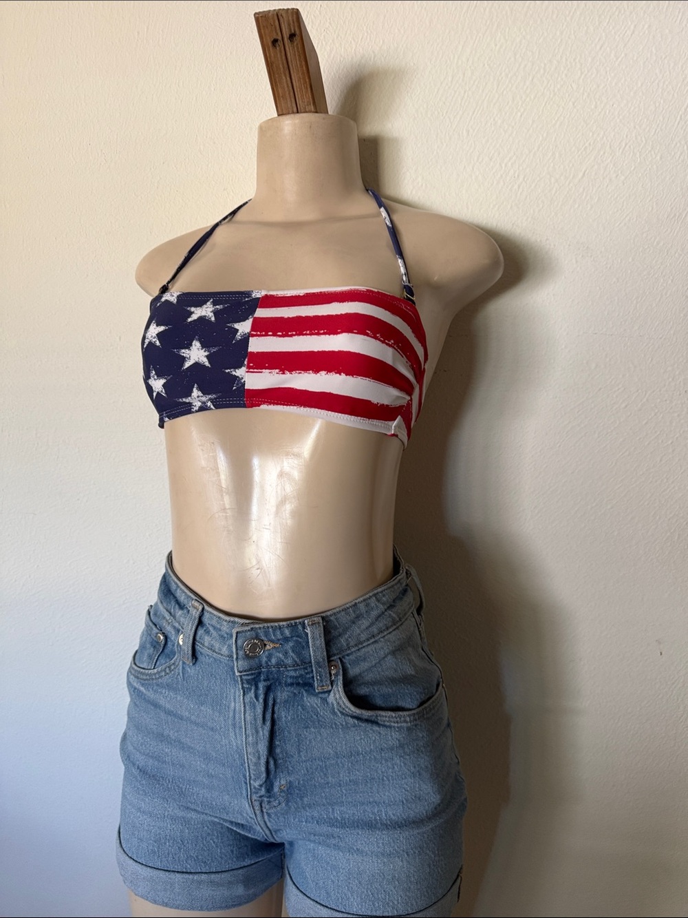 American Flag Bandeau Swim Halter Top - Red White Blue S